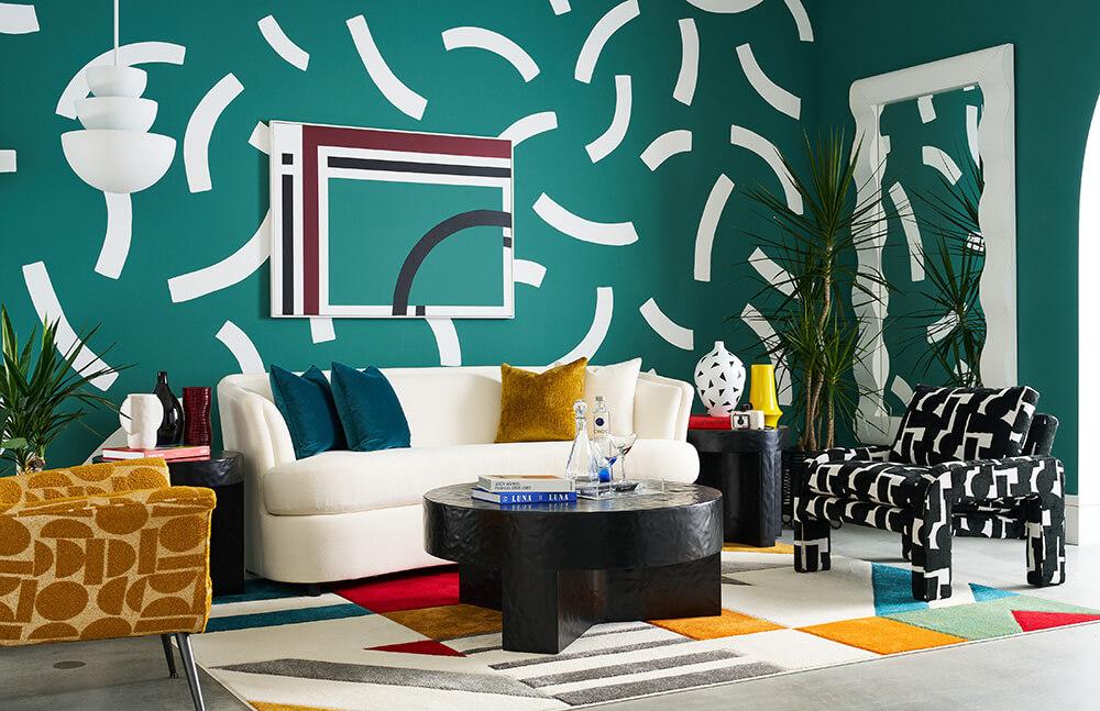 Precedent features 80s inspired furniture and wallpaper with bright bold colors and striking patterns at their showroom during the spring 2023 High Point Market